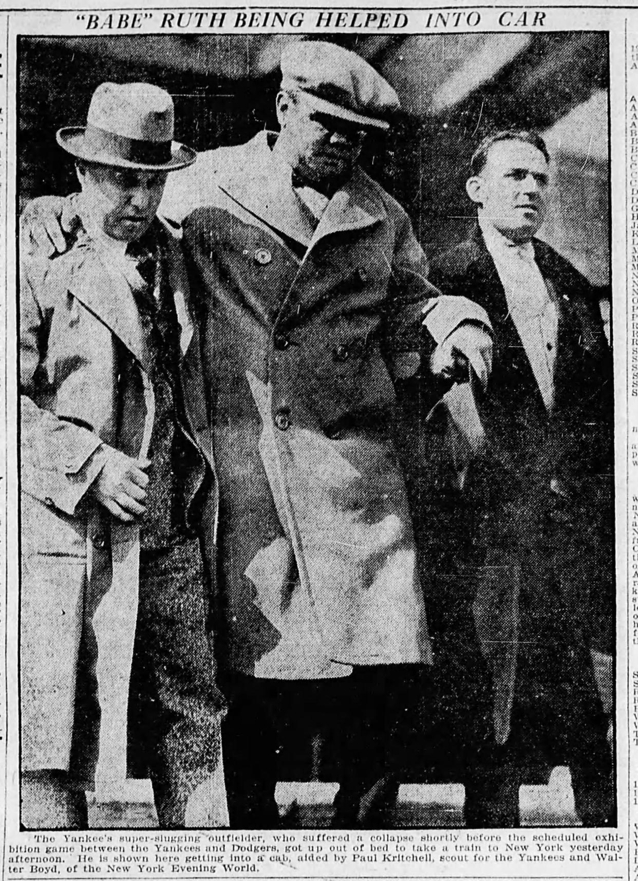 Babe Ruth is helped into a car when leaving Battery Park Hotel in Asheville on April 8, 1925, after collapsing a day earlier at the train station, in this image published April 9, 1925, in the Asheville Citizen.