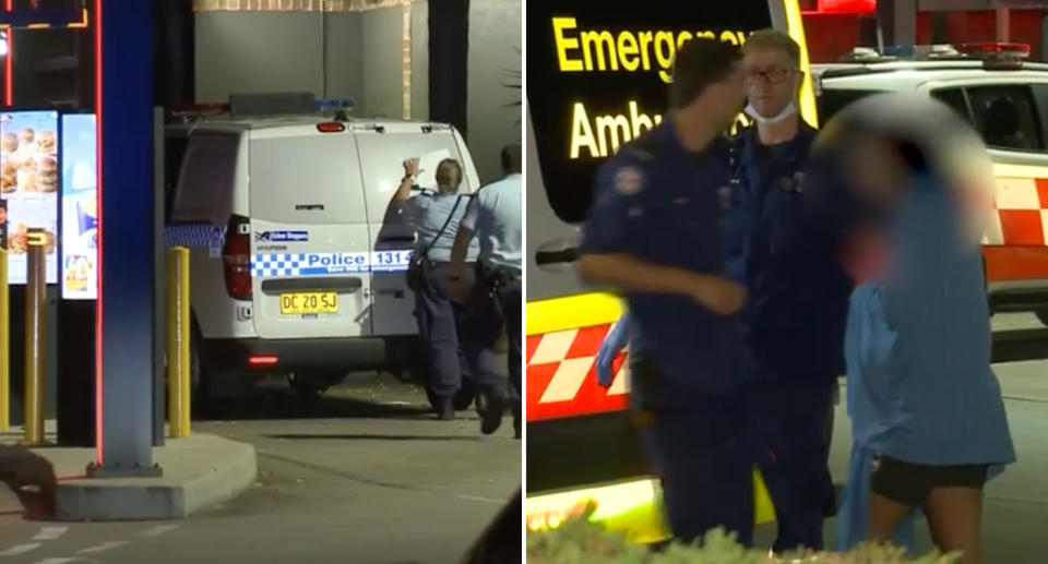 Police at the Sydney McDonald's and the woman entering an ambulance.