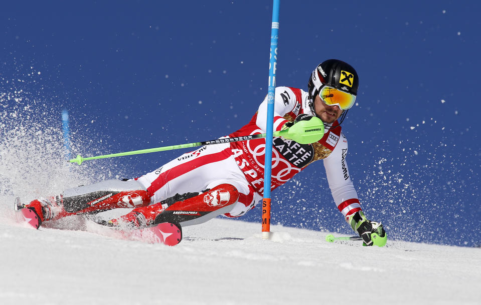 Austria's Marcel Hirscher skis during the first run of a men's World Cup slalom ski race Sunday, March 19, 2017, in Aspen, Colo. (AP Photo/Nathan Bilow)