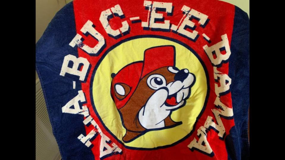 Beach towels and some of the other merchandise sold at Buc-ee’s travel centers are personalized with the location, like this towel purchased in Alabama. What will be the loge for the South Mississippi store opening this fall?