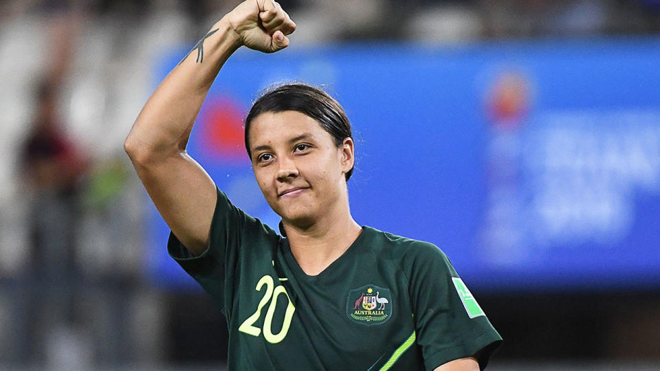 Pictured here, Matildas striker Sam Kerr celebrates during a match for Australia.