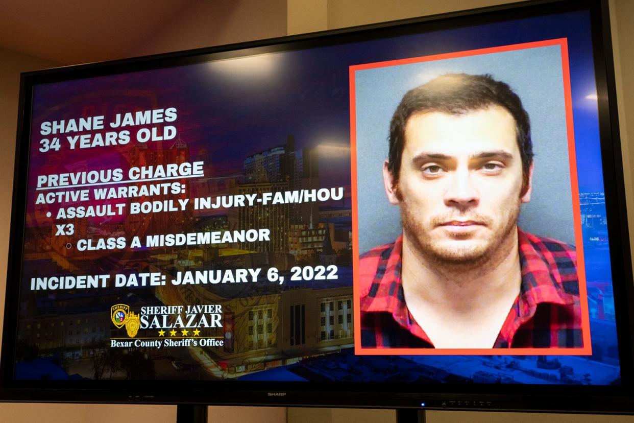 A photo of suspect Shane James is displayed as Bexar County Sheriff Javier Salazar provides an update on the double homicide that occurred at an East Bexar County home while speaking to the press at the Bexar County Sheriff's Office Headquarters on Wednesday, Dec. 6, 2023.