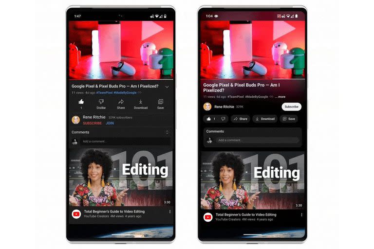 El nuevo diseño de YouTube (a la derecha) comparado con el anterior (a la izquierda)