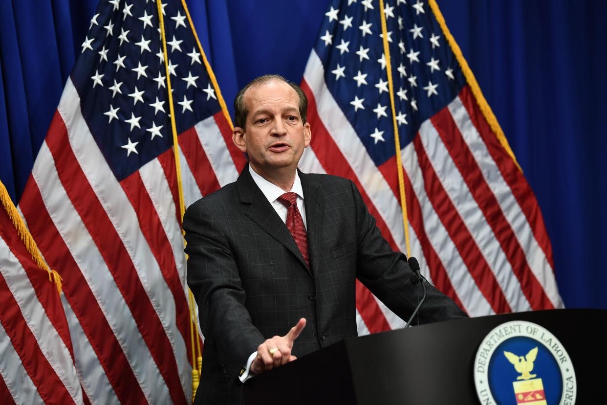 Labor Secretary Alexander Acosta holds a press conference at the US Department of Labor on July 10, 2019 in Washington,DC. - Democratic Party leaders called on July 9, 2019 for the resignation of President Donald Trump's secretary of labor over a secret plea deal he made a decade ago with a wealthy hedge fund manager accused of sexually abusing young girls. Labor Secretary Alexander Acosta, 50, was serving as a federal prosecutor in Florida when his office entered into the controversial plea agreement with financier Jeffrey Epstein. (Photo by Brendan Smialowski / AFP)        (Photo credit should read BRENDAN SMIALOWSKI/AFP/Getty Images)