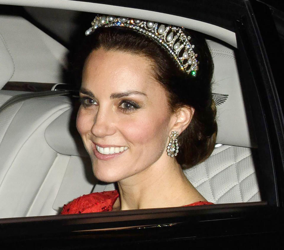 For a diplomatic dinner at Buckingham Palace, the royal donned the Cambridge Lovers Knot tiara, which went on to become one of her favorites.