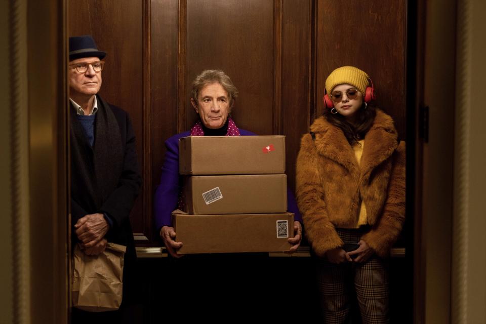 This image released by Hulu shows Steve Martin, from left, Martin Short and Selena Gomez in a scene from "Only Murders In The Building." (Craig Blankenhorn/Hulu via AP)