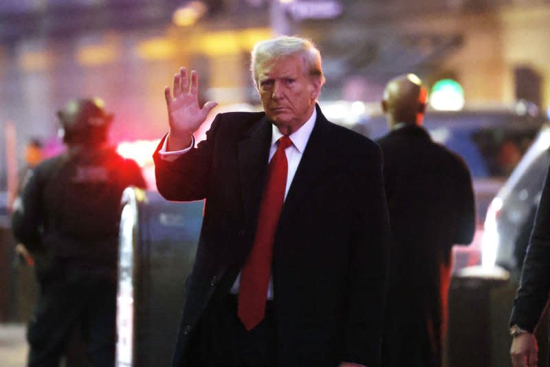 Former president Donald Trump arrives at 40 Wall Street for a press conference after listening to journalist E. Jean Carroll testify in federal court for her second civil defamation trial against Trump in New York City on Wednesday. Photo by John Angelillo/UPI