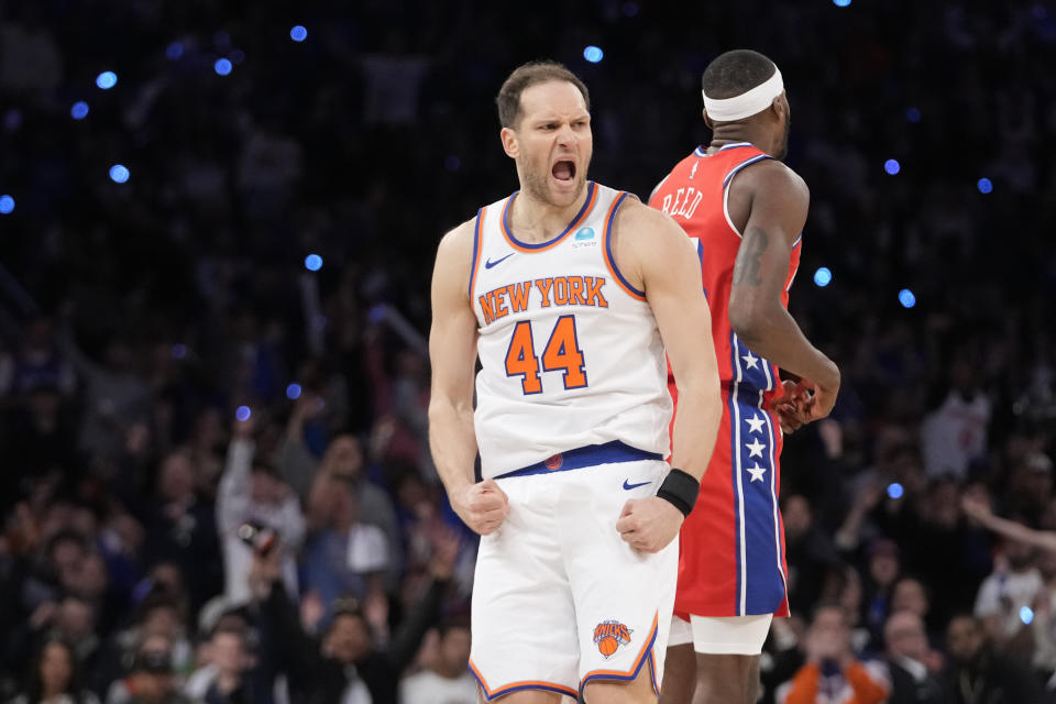 New York Knicks forward Bojan Bogdanovic (44) reacts during the second half in Game 1 of an NBA basketball first-round playoff series against the Philadelphia 76ers, Saturday, April 20, 2024, at Madison Square Garden in New York. (AP Photo/Mary Altaffer)