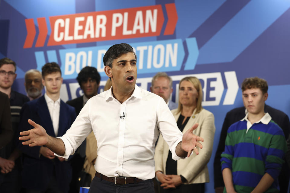 FILE - Britain's Prime Minister and Conservative Party leader Rishi Sunak, delivers a speech as part of a Conservative campaign event in the build-up to the UK general election on July 4, in Leeds, northern England, Thursday, June 27, 2024. The United Kingdom will hold its first national election in almost five years on Thursday, with opinion polls suggesting that Prime Minister Rishi Sunak’s Conservative Party will be punished for failing to deliver on promises made during 14 years in power. (Darren Staples/Pool Photo via AP, File)