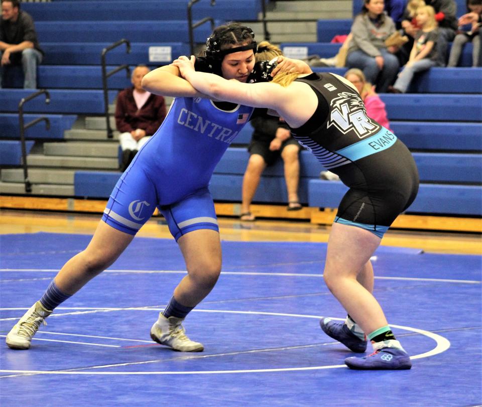 Leighanna Ramos of Pueblo Central attempts to gain control over 	
Alison Evans of Vista Ridge in a dual held at Pueblo Central High School on Jan 26, 2023.