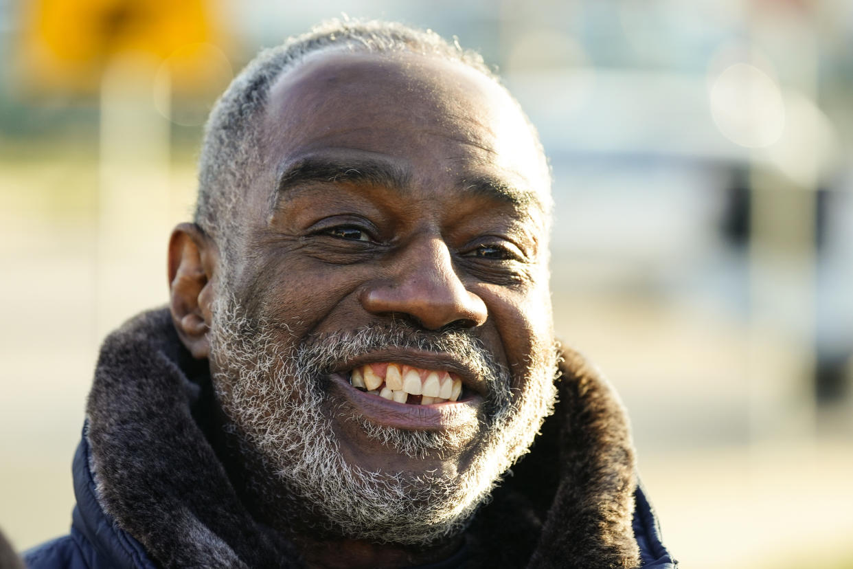 Willie Stokes smiles after getting out of a state prison in Chester, Pa., on Jan. 4, 2022. (AP Photo/Matt Rourke)