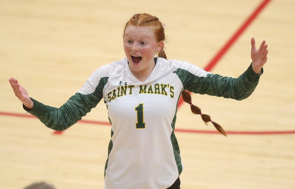 Saint Mark's Taylor Holly reacts in the third set of the Spartans' 3-2 win at Smyrna, Tuesday, Oct. 10, 2023.