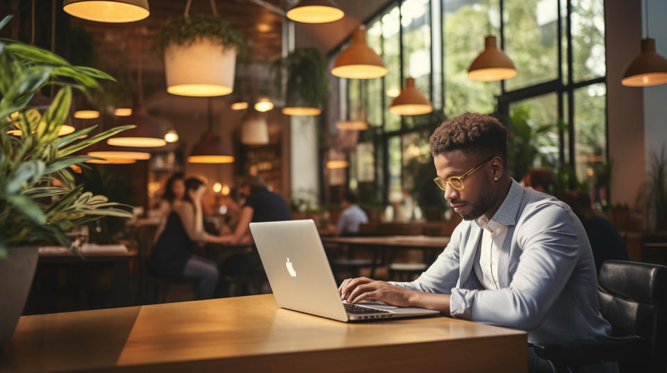 A customer using internet banking on a laptop at a cafe, demonstrating the convenience of the service.