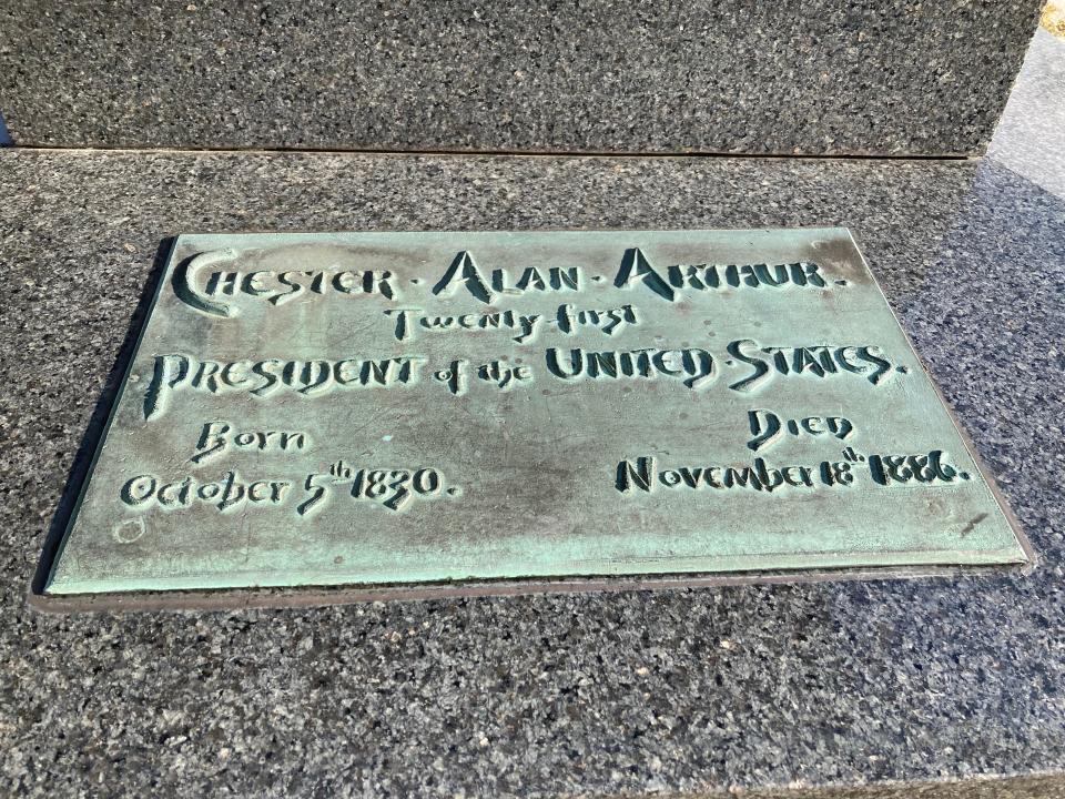 A marker at gravesite of Chester Alan Arthur, the Vermont-born 21st president of the United States, shown Feb. 12, 2022 at Albany Rural Cemetery outside Albany, New York.