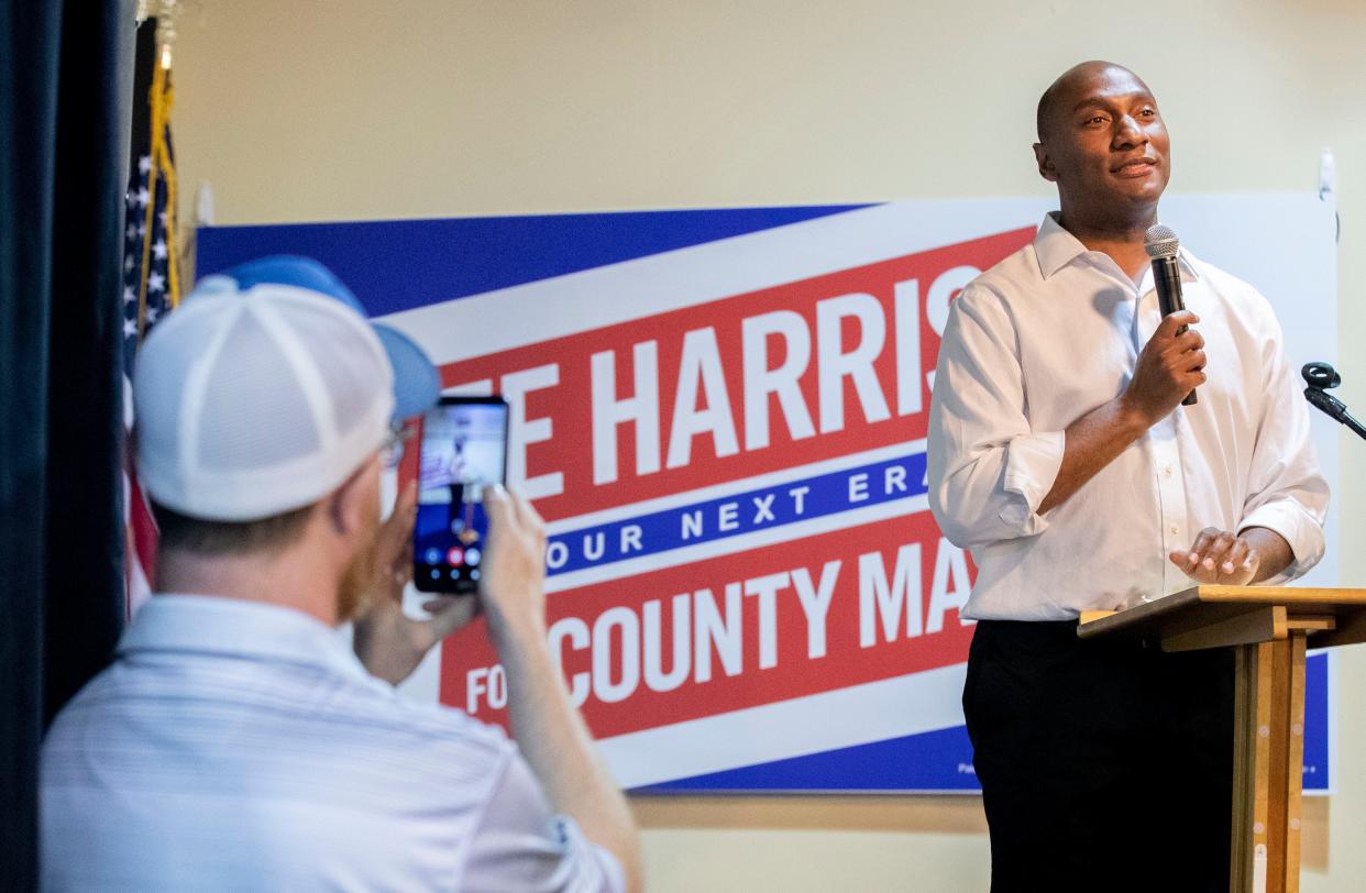 Incumbent Shelby County Mayor Lee Harris speaks as he is again voted the Democratic nominee for the position of county mayor Tuesday, May 3, 2022, at an election watch party in Memphis. 