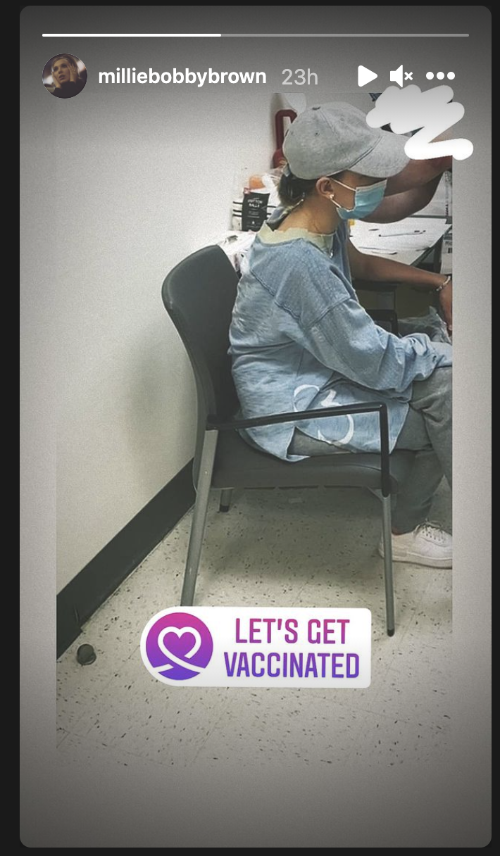 Millie Bobby Brown receives first round of Pfizer vaccine in Georgia where residents 16 and older are eligible. (Photo: Instagram)