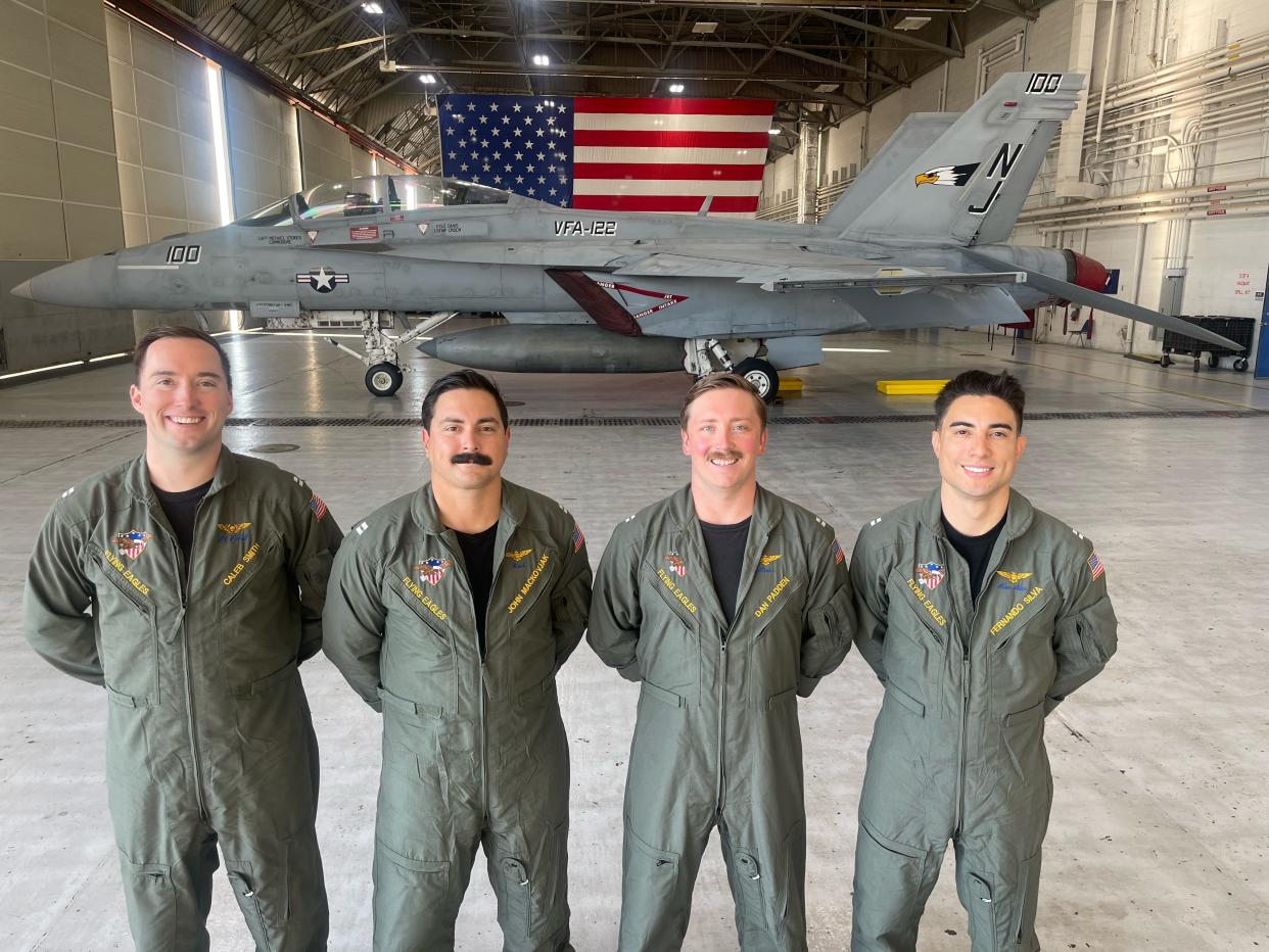 The demo team, Caleb “Lil PAB” Smith from Tullos, LA, John “MACK” Mackovjak from Bremerton, WA, Dan “Binki” Padden from Duluth, MN and Fernando “Bam Bam The Magic Man” Silva from Bogota, Columbia (from left to right) will fly the F/A-18 Super Hornet at the Bremerton Air Show in August.