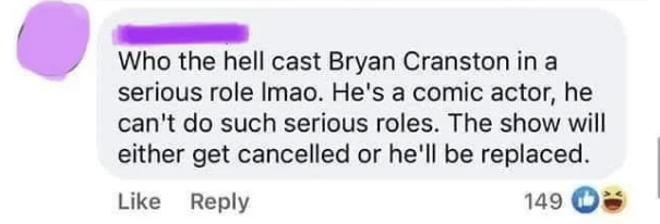 Walter White, Jesse Pinkman, and others in a tense scene from "Breaking Bad" with a skeptical fan comment doubting Bryan Cranston's fit for the role