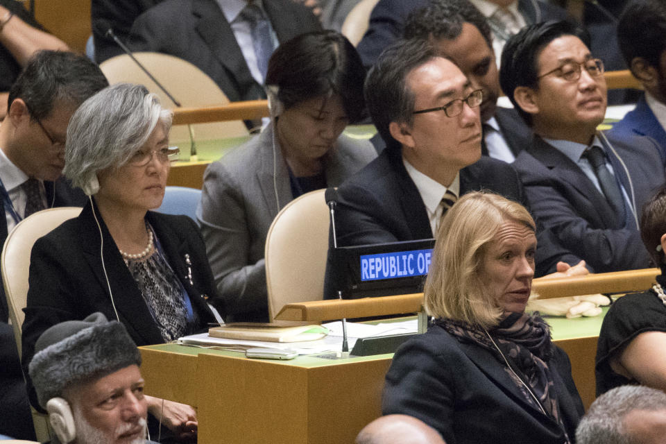 <p>South Korean President Moon Jae-in, left, listens as President Trump speaks during the 72nd session of the United Nations General Assembly at U.N. headquarters, Tuesday, Sept. 19, 2017. (Photo: Mary Altaffer/AP) </p>