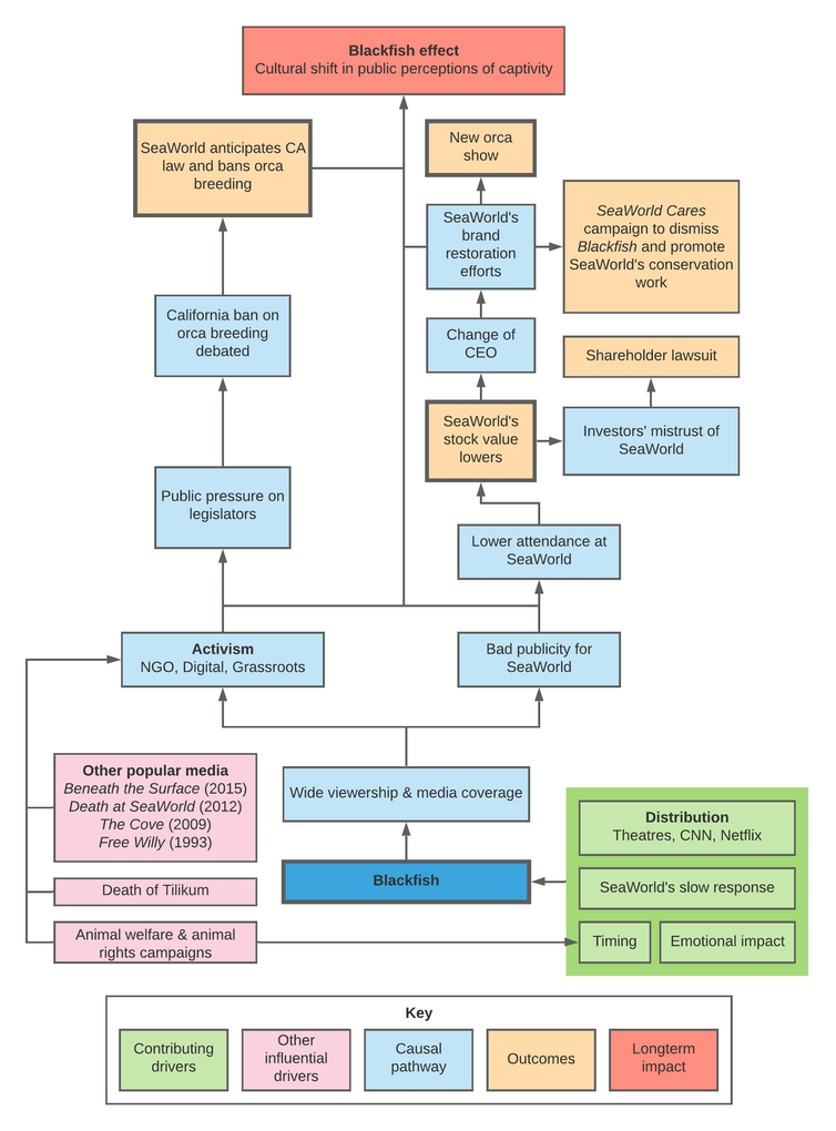 <span class="caption">Overall theory of change depicting the impacts of Blackfish, including the contributing drivers that explain how Blackfish came to be so influential. The thick outlines show the original intervention (Blackfish) and outcomes of interest in the study.</span> <span class="attribution"><span class="source">Laura Thomas-Walters</span></span>