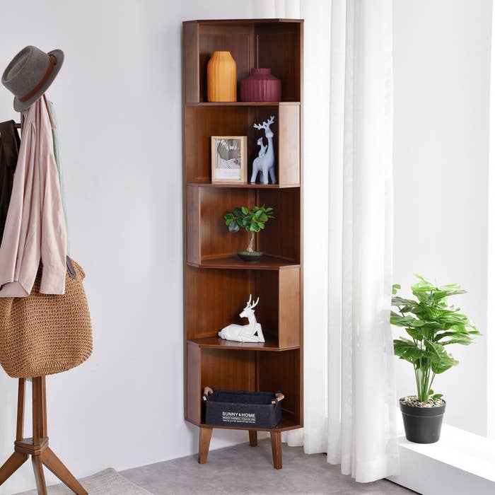 the walnut colored bookcase