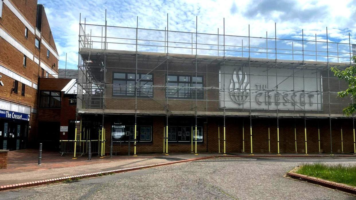 The Cresset theatre frontage with scaffolding 