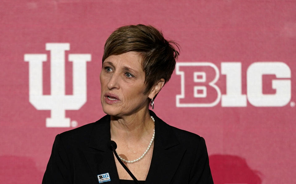 FILE - Indiana women's head coach Teri Moren speaks during Big Ten NCAA college basketball Media Days Tuesday, Oct. 11, 2022, in Minneapolis. Moren was honored Thursday, March 30, 2023, as The Associated Press women's college basketball Coach of the Year. (AP Photo/Abbie Parr)