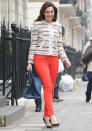 Celebrities in neon fashion: Kelly Brook worked casual chic in neon orange jeans.<br><br>[Rex]