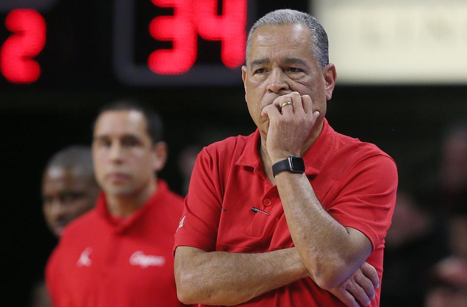 Houston Cougars men's basketball head coach Kelvin Sampson reacts during the second half against Iowa State in the Big-12 conference showdown of an NCAA college basketball at Hilton Coliseum on Tuesday, Jan. 9, 2024, in Ames, Iowa.