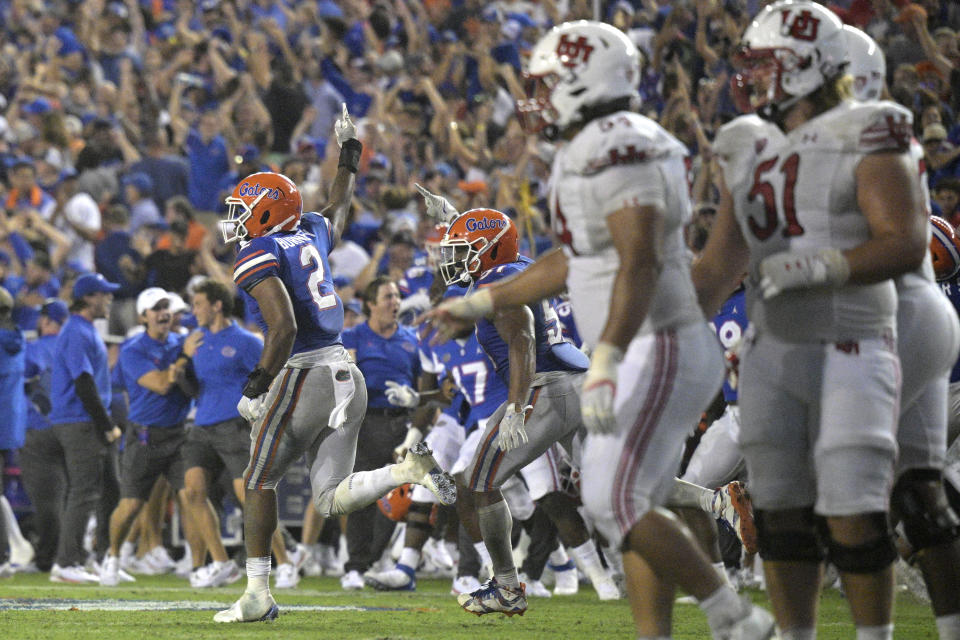 Florida linebacker Amari Burney (2) celebrates after making an interception near the end of the team's NCAA college football game against Utah, Saturday, Sept. 3, 2022, in Gainesville, Fla. (AP Photo/Phelan M. Ebenhack)