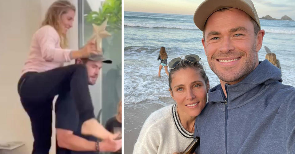 L: Elsa Pataky prepares to sit on Chris Hemsworth's shoulders. R: Chris Hemsworth and Elsa Pataky take a selfie at the beach.