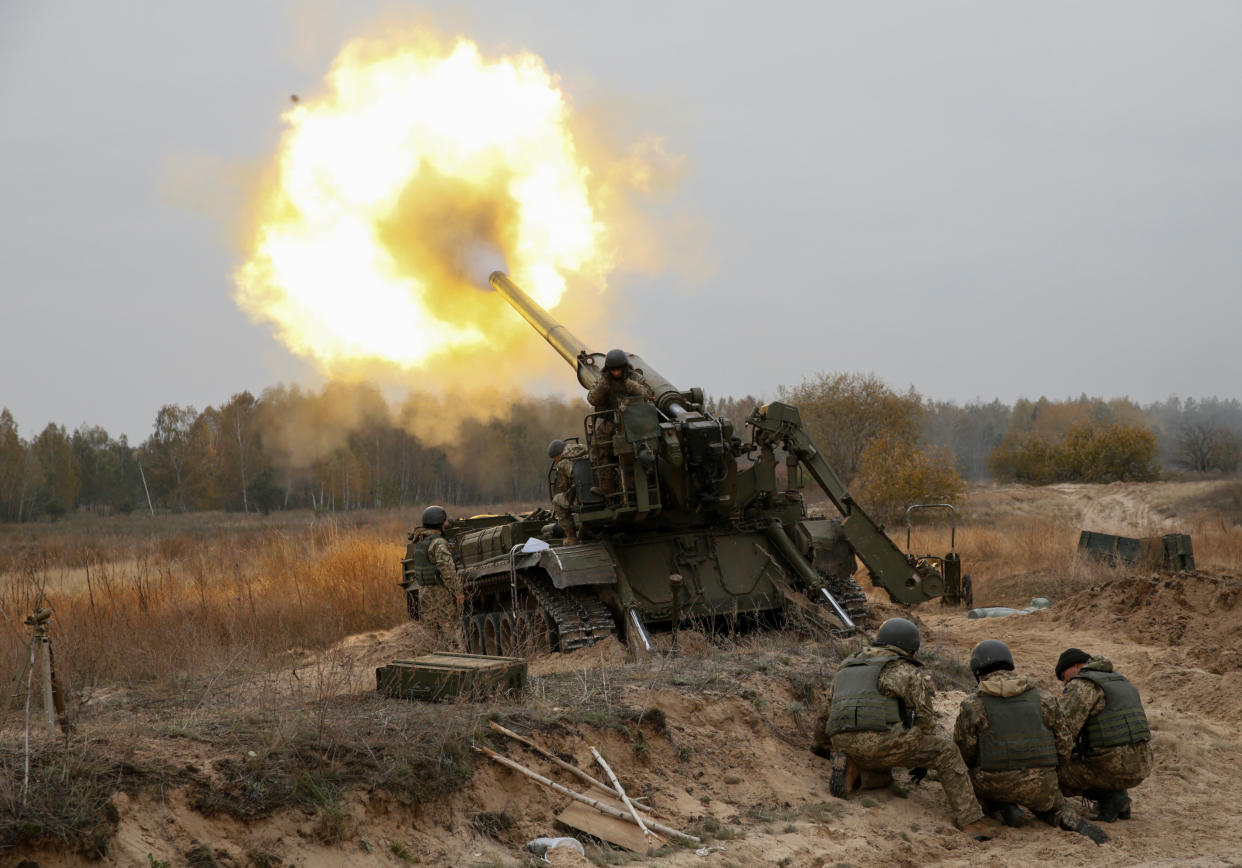 Ukrainian servicemen fire a 2S7 Pion self-propelled gun during military exercises near the village of Divychky in 2016. 