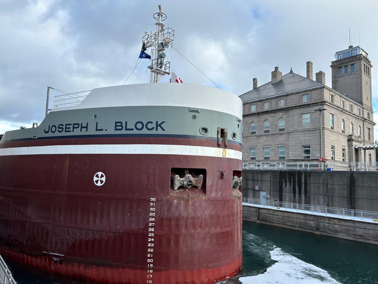 The Joseph L. Block was the first freighter to come through the Poe Lock on Friday, March 22, 2024 to mark the beginning of the shipping season.