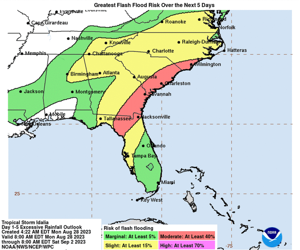 NOAA maps show areas of possible flash flooding in Southeastern North Carolina from Lumberton to Carteret County as a result of Idalia.