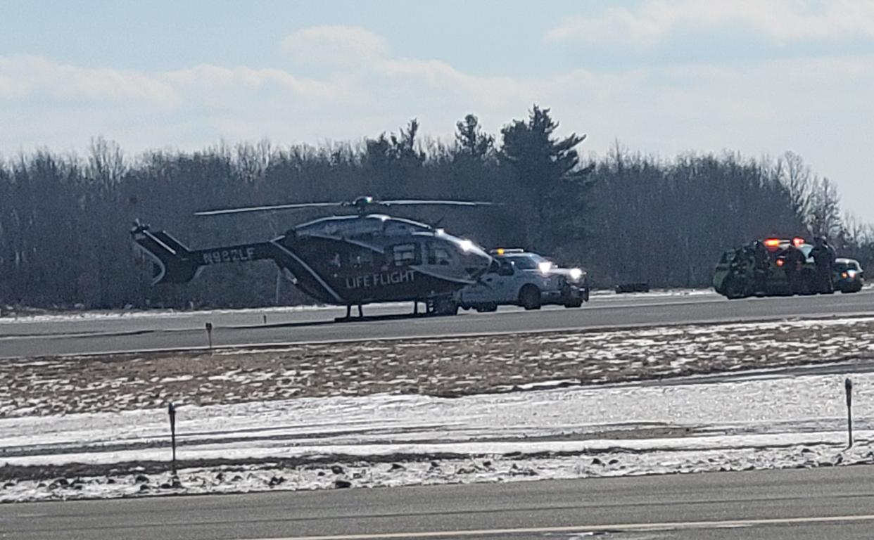 A Life Flight helicopter landed safely Sunday at Worcester Regional Airport after one of its engines was disabled. Airport fire and rescue were on the scene and a Worcester fire crew was also there as a precaution.