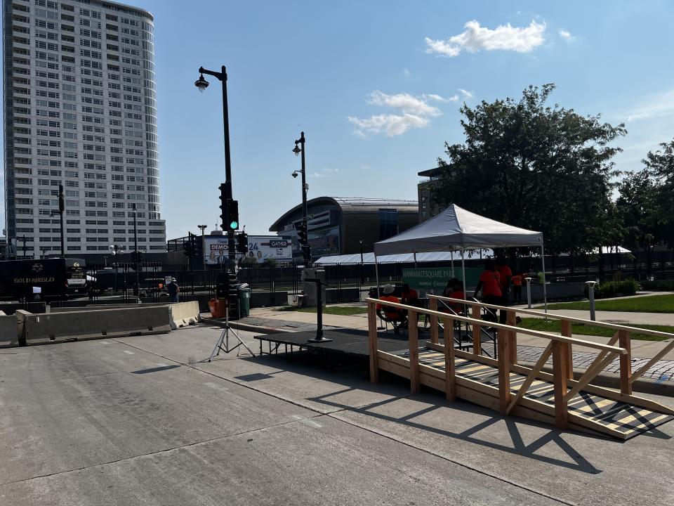 Haymarket Square, one of the city’s two designated protest zones, had no speakers around 4:15 p.m. Monday.