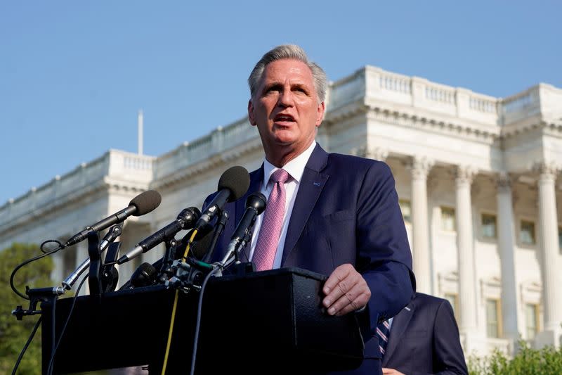 FILE PHOTO: House Minority Leader Kevin McCarthy (R-CA) speaks before a hearing on the January 6th attack on Capitol Hill in Washington