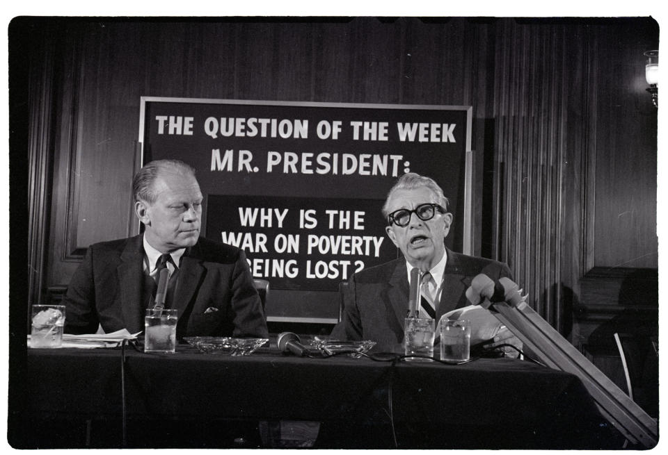 GOP congressional leaders Representative Gerald Ford, (L), and Senator Everett M. Dirksen, at a newsconference on June 2, 1966.