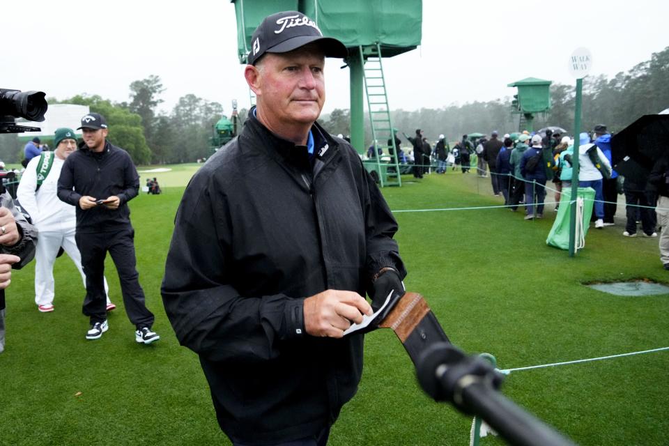 Apr 8, 2023; Augusta, Georgia, USA; Sandy Lyle leaves the 18th green after finishing his final round during the second round of The Masters golf tournament. Mandatory Credit: Rob Schumacher-USA TODAY Network