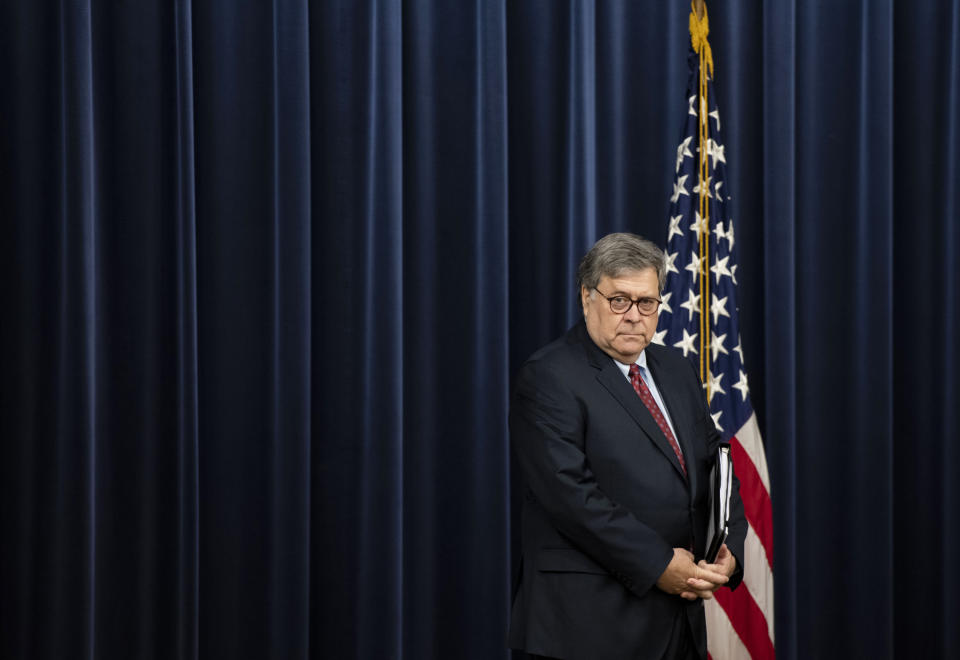 U.S. Attorney General William Barr speaks at the Gerald R. Ford Presidential Museum in Grand Rapids, Mich., Thursday, July 16, 2020. The United States has become overly reliant on Chinese goods and services, including face masks, medical gowns and other protective equipment designed to curb the spread of the coronavirus, Attorney General Barr said Thursday. (Nicole Hester/Mlive.com/Ann Arbor News via AP)