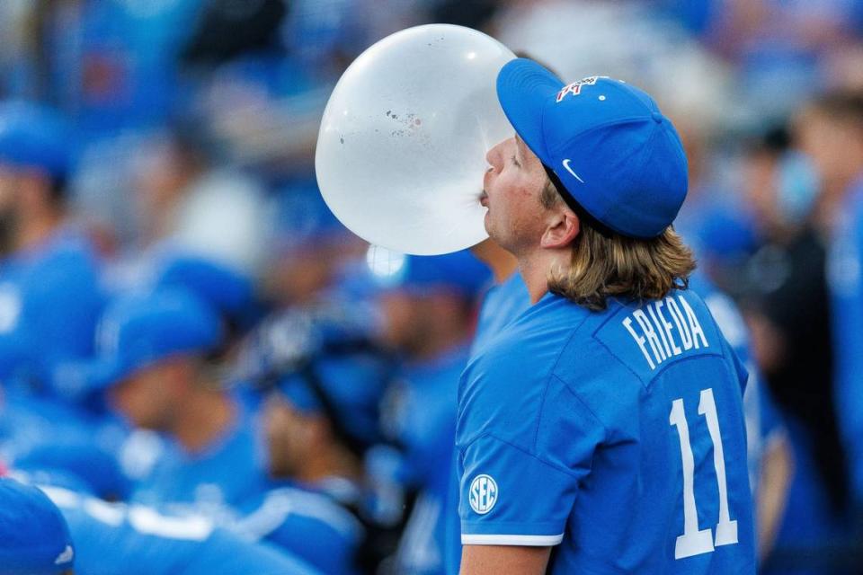 Kentucky pitcher Colby Frieda brought out the bubble gum to entertain the crowd, and himself, during the third inning Sunday night.