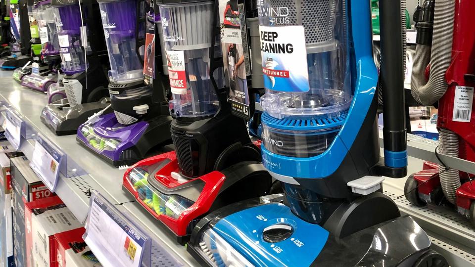 San Jose, CA - October 3, 2019: New bagless upright vacuum cleaners for sale inside a department store.