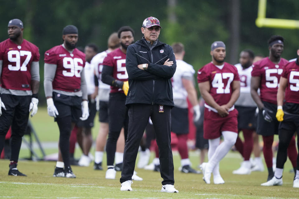 Washington Commanders head coach Ron Rivera watches his team during practice at the team's NFL football training facility, Tuesday, May 24, 2022, in Ashburn, Va. (AP Photo/Alex Brandon)