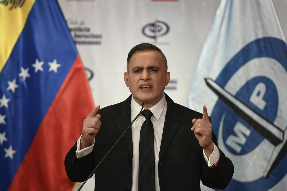 Venezuela's Attorney General Tarek William Saab gives a press conference regarding what the government calls a failed attack over the weekend aimed at overthrowing President Nicolás Maduro in Caracas, Venezuela, Monday, May 4, 2020. The government’s claims that it had foiled a beach landing Sunday triggered a frenzy of confusing claims and counterclaims about the alleged plot. (AP Photo/Matias Delacroix)