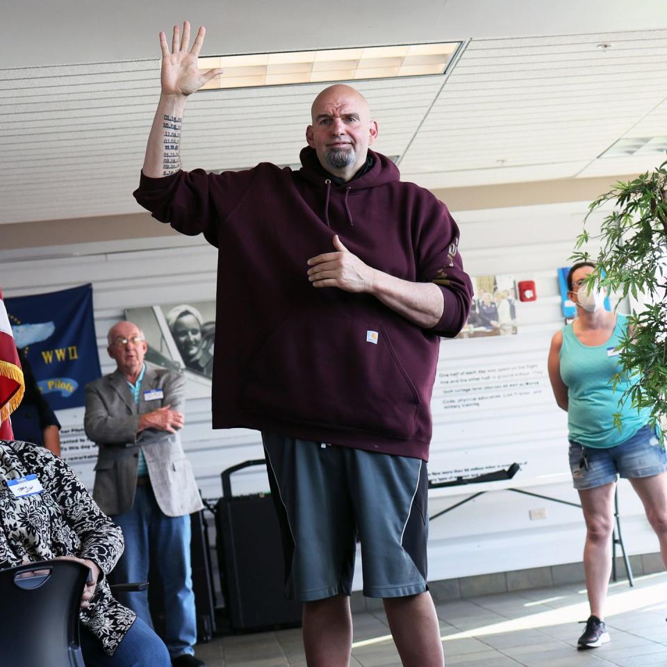 lemont furnace, pennsylvania   may 10 pennsylvania lt gov john fetterman campaigns for us senate at a meet and greet at joseph a hardy connellsville airport on may 10, 2022 in lemont furnace, pennsylvania fetterman is the democratic primary front runner in a field that includes us rep conor lamb and state sen malcolm kenyatta in the may 17 primary vying to replace republican sen pat toomey, who is retiring  photo by michael m santiagogetty images