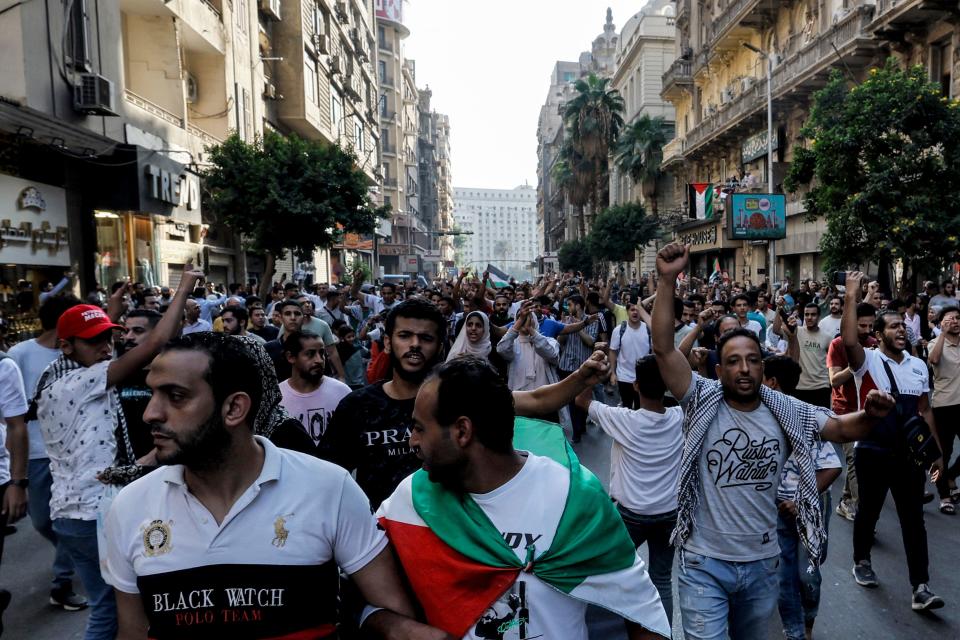 People march from Tahrir Square to the downtown district of Cairo, Oct. 20, 2023, during a protest supporting the Palestinian people following Friday Noon prayers. / Credit: KHALED DESOUKI/AFP/Getty