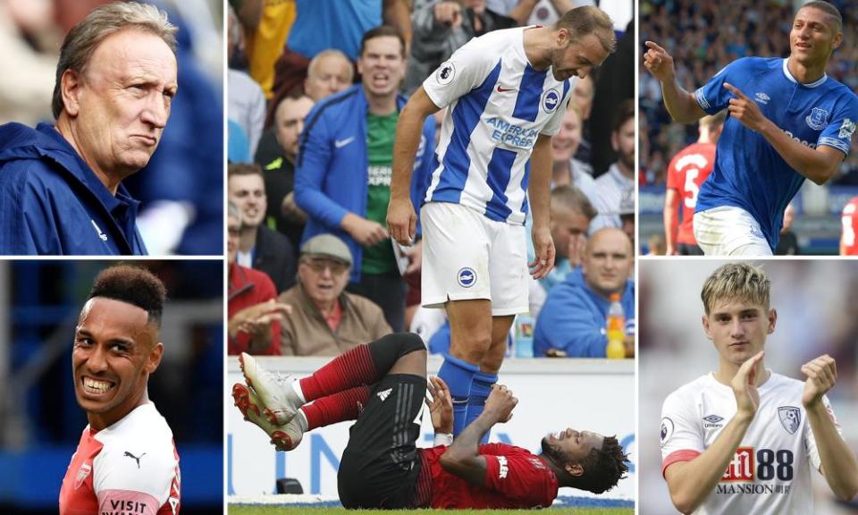 Clockwise, from top left: Neil Warnock, Glenn Murray stands over Manchester United’s Fred, Richarlison, David Brooks and Pierre-Emerick Aubameyang
