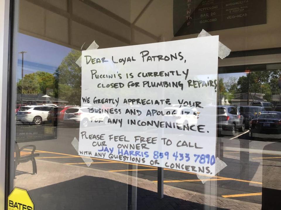 A sign on the door at Puccini’s Pizza Pasta in Chevy Chase Place on May 5, 2023, said the restaurant was closed for plumbing repairs.