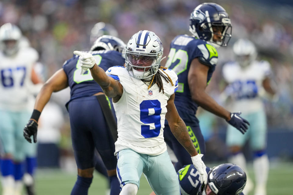 Dallas Cowboys wide receiver KaVontae Turpin celebrates after a catch against the Seattle Seahawks during the first half of a preseason NFL football game Saturday, Aug. 19, 2023, in Seattle. (AP Photo/Lindsey Wasson)