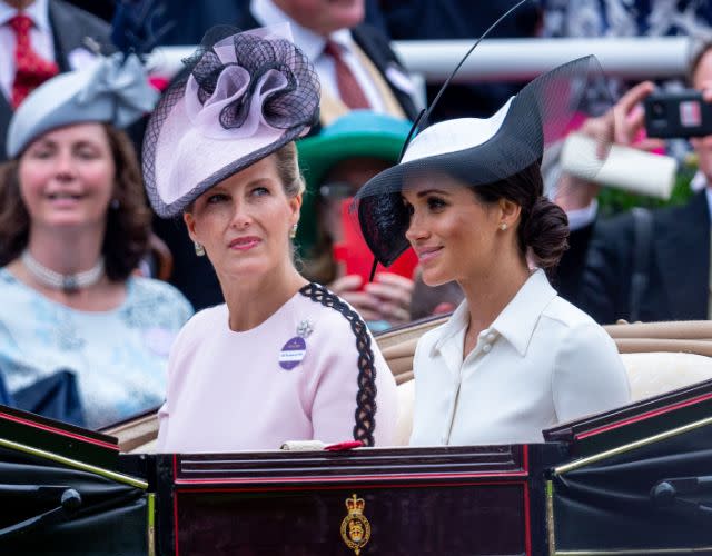 ASCOT, ENGLAND – JUNE 19: Meghan, Duchess of Sussex and Sophie, Countess of Wessex attend Royal Ascot Day 1 at Ascot Racecourse on June 19, 2018 in Ascot, United Kingdom. (Photo by Mark Cuthbert/UK Press via Getty Images)